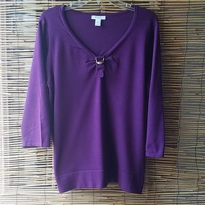 Dress Barn Purple Sweater Like Top Gold Hardware 3/4" Sleeve